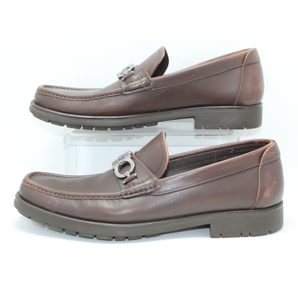 Salvatore Ferragamo Mens Brown Leather Gancini Lug Sole Loafers MS 00349 10.5 D